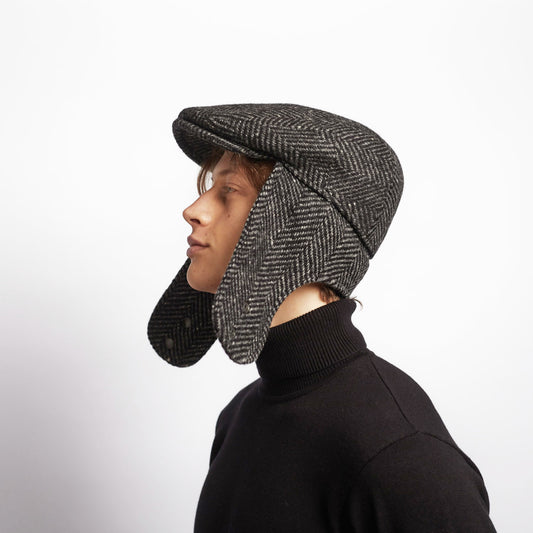 LOGAN tweed virgin wool cap with earflaps, Made in Italy cap - Charcoal