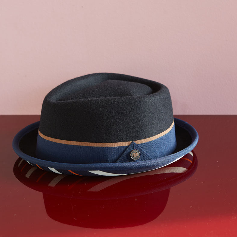 Bruno Navy wool felt retro stripe under brim porkpie hat